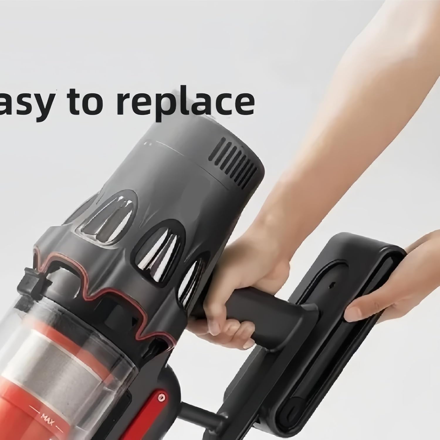 Hands holding a vacuum cleaner and inserting the battery pack, with text 'easy to replace'.