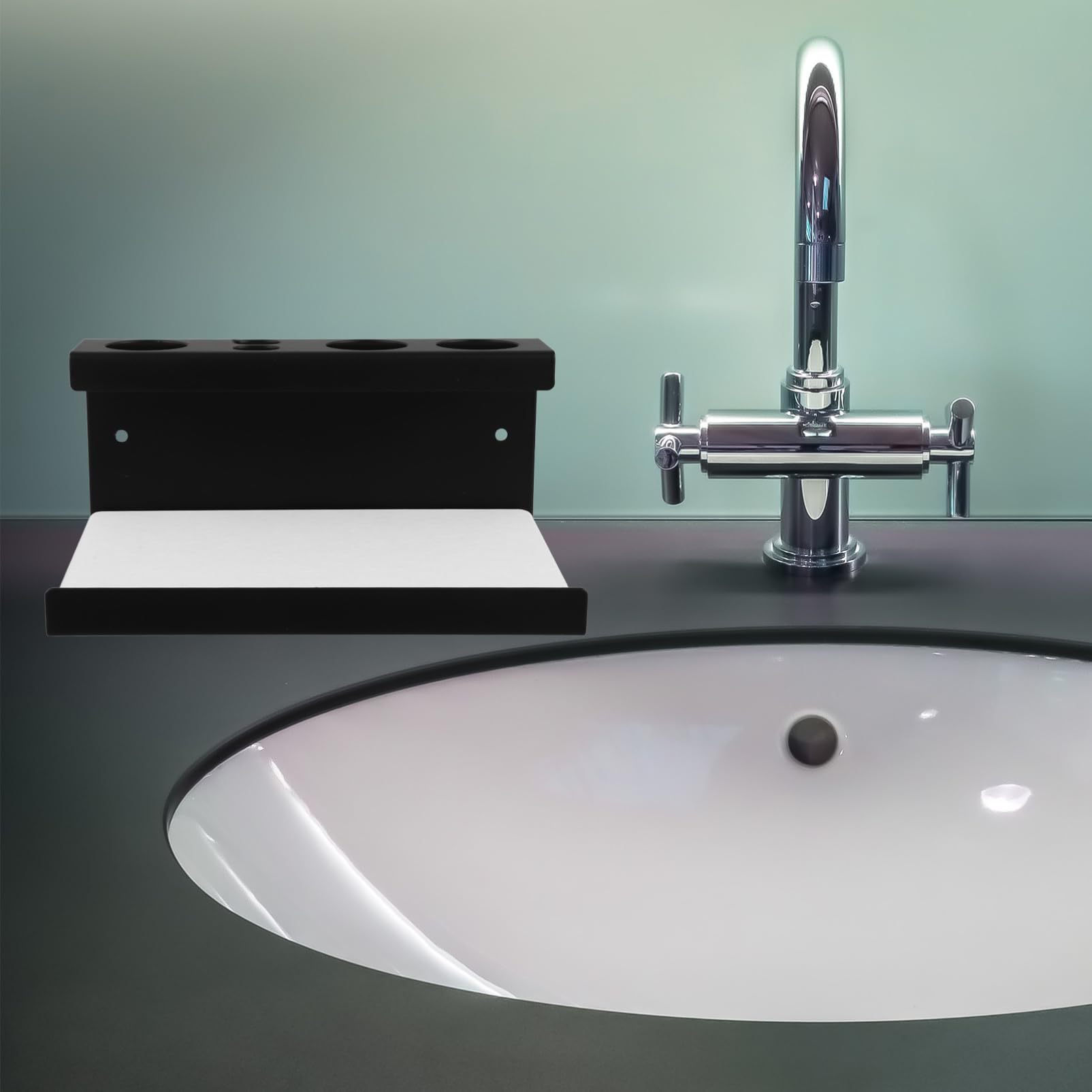 Ciieeo Portaspazzolino Nero Elegante Con Scomparti Per Spazzolini Elettrici e Dentifricio Organizer Da Bagno Multifunzionale Con Vassoio Per Tazze e Accessori Facile Da Installare e