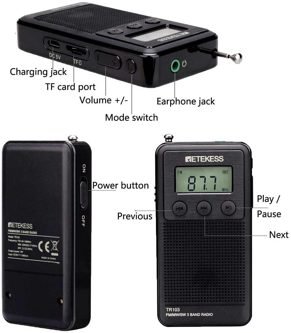 Retekess TR103 mini radio kieszonkowe, przenośne radio FM MW SW, odtwarzacz MP3 DSP odbiornik cyfrowy z akumulatorem (czarny)