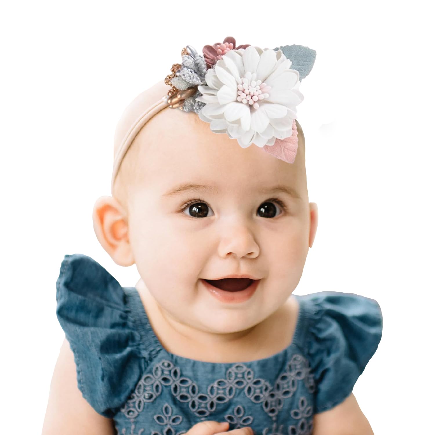SYGA Baby Headband, Stitching Pearl Flower Stretchable, Nylon HairBand for Newborn Infant Toddlers Kids 0-3 Year (White & Khaki)-image-14