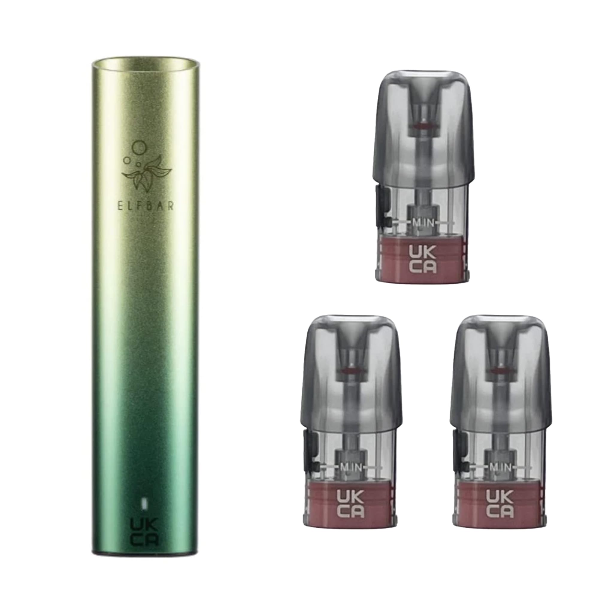 Elf Bar Mate, 500 Battery with 3 Pack Refillable Replacement Pod, E-Cigarettes, E-Liquid, Smooth Vaping, 2ml Cartridge Capacity, No Nicotine (Aurora Green Battery + 1.2ohm Replacement Pod)