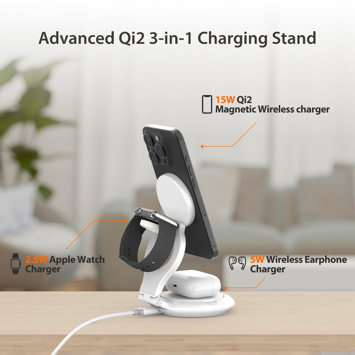 j5create Bezprzewodowa stacja ładująca 3 w 1 z certyfikatem Qi2 15 W, idealna do iPhone'a 16 15, Apple Watch, AirPods – składana i regulowana, kompleksowa ochrona ładowania dla osób przyjaznych dla