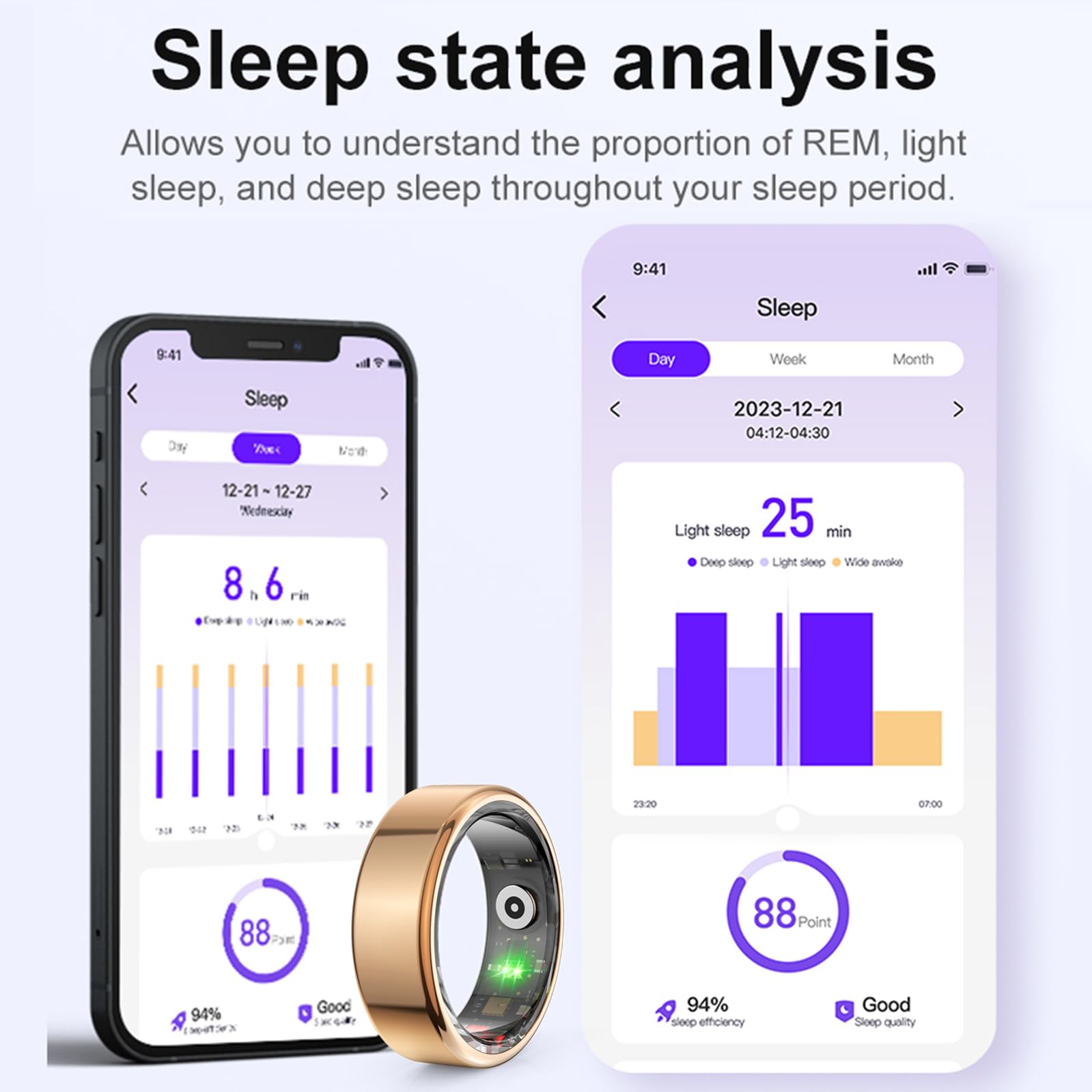 findtime Bague intelligente de fitness Android iOS podomètre pour homme et femme Or argenté Bague de fitness moniteur de fréquence cardiaque Tracker d'activité