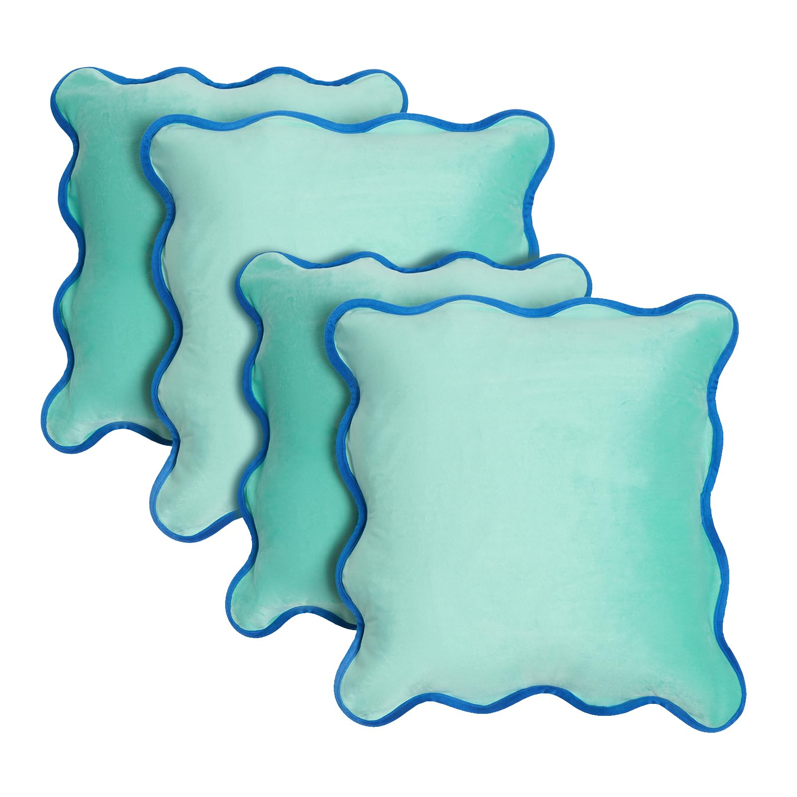 OHS Scallop Edge Cushion Covers 45 x 45 Set of 4, Gifts for Women Super Soft Decorative Matte Velvet Cushion Covers with Invisible Zipper Throw Pillow for Sofa Bed Living Room, Teal/Blue