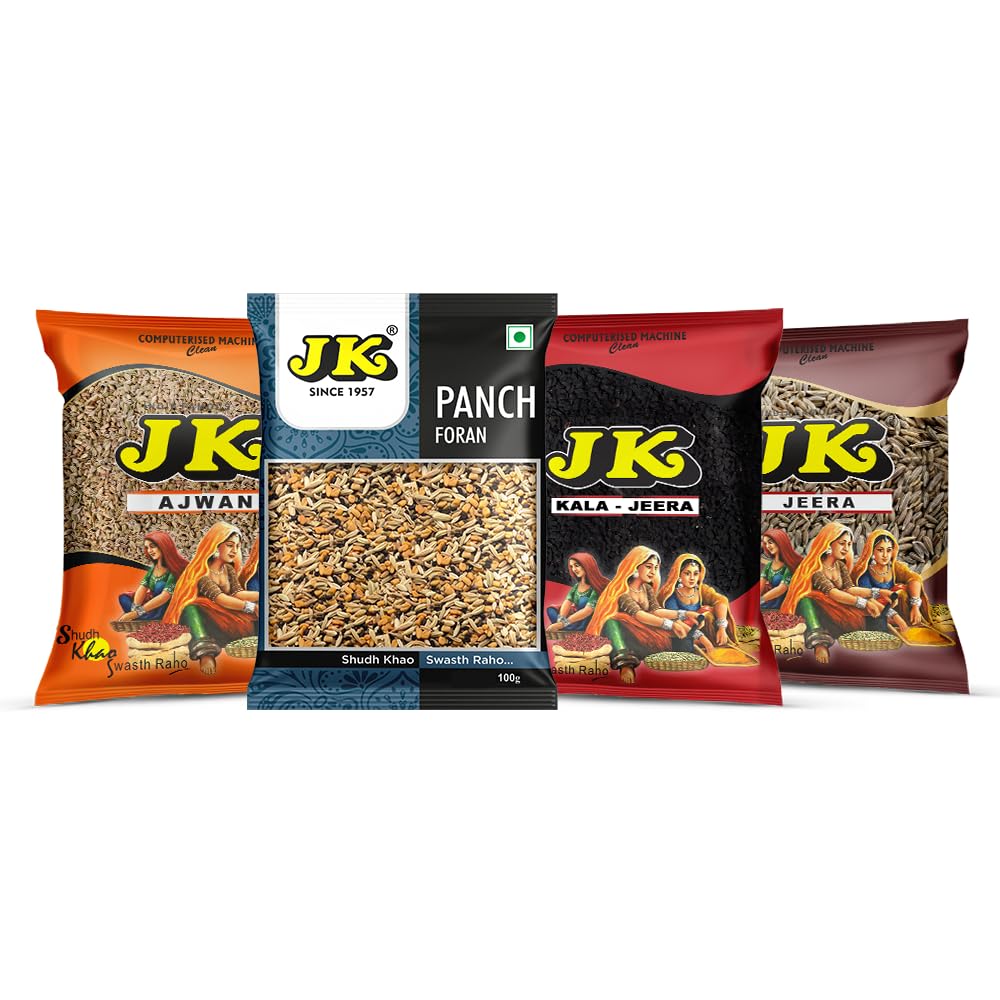 JK Jeera Whole + Panch Foran + Kala Jeera + Ajwain - Premium Spices for Cooking, Flavoring, and Health Benefits. Pack of 100g*4
