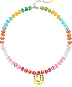 Initial Necklaces for Women, Beaded Necklaces for Women with Bubble Necklace Letter Stocking Stuffers for Teens Trendy Stuff Colorful Gemstone Choker 14k Gold Letter A-Z Pendant Summer Beach Christmas Birthday Jewelry for Her Girlfriend Sister