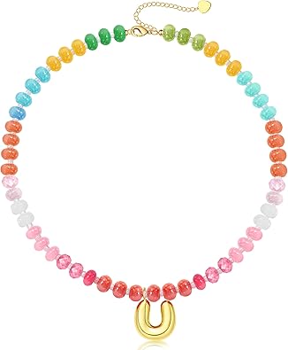 Initial Necklaces for Women, Beaded Necklaces for Women with Bubble Necklace Letter Stocking Stuffers for Teens Trendy Stuff Colorful Gemstone Choker 14k Gold Letter A-Z Pendant Summer Beach Christmas Birthday Jewelry for Her Girlfriend Sister