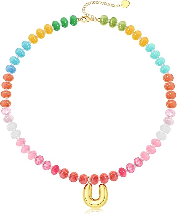 Initial Necklaces for Women, Beaded Necklaces for Women with Bubble Necklace Letter Stocking Stuffers for Teens Trendy Stuff Colorful Gemstone Choker 14k Gold Letter A-Z Pendant Summer Beach Christmas Birthday Jewelry for Her Girlfriend Sister
