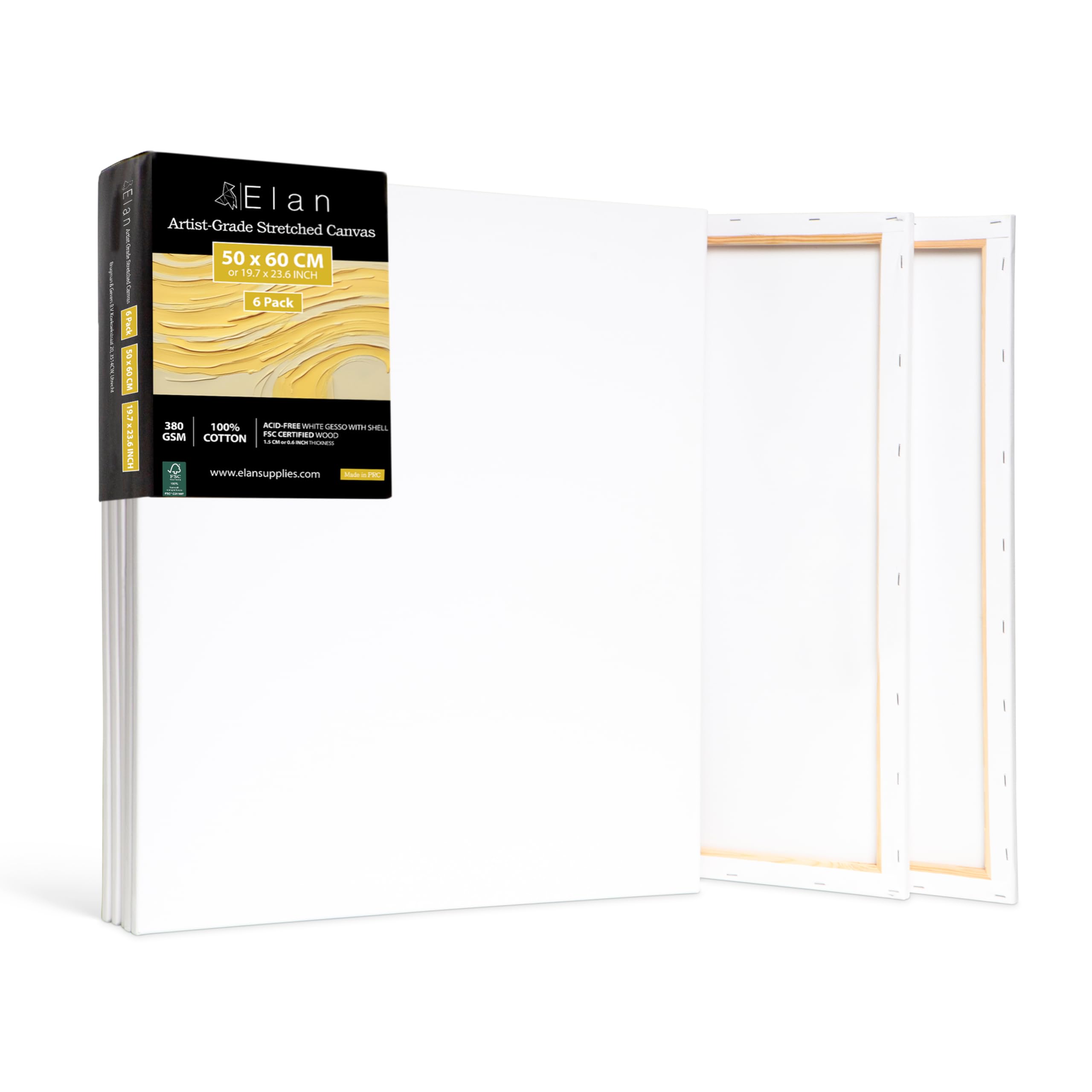 Elan Toile Peinture 50x60 cm, Lot de 6 Toiles à Peindre 380 GSM
