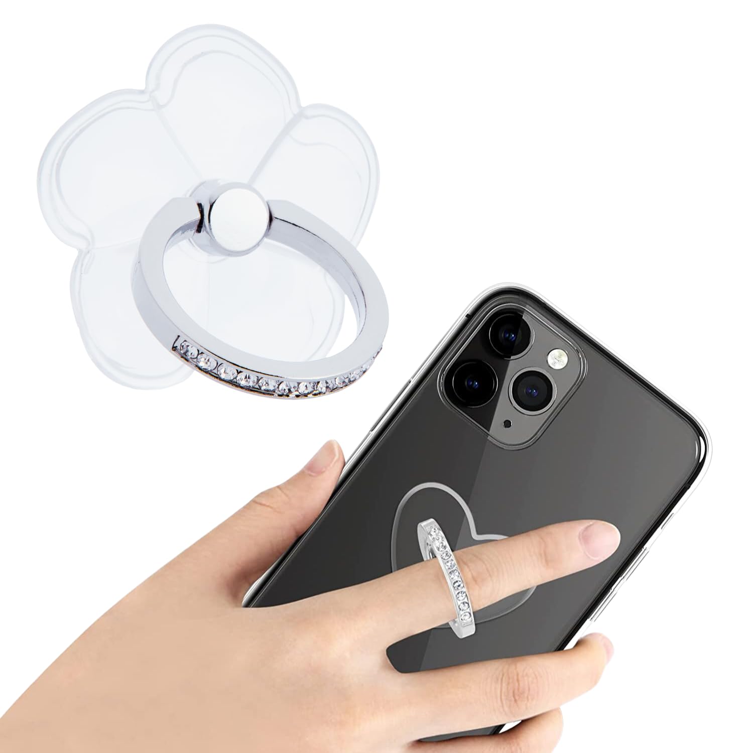 Swap-n-Snap. Diamante Crystal 360 Silver Mobile Phone Ring Holder Finger Grip & Stand for Hand with Cute Flower Design Transparent Airbag Sticker - for All Smartphones & Back Cover (B0BYK1TFTM) Amazon Price History, Amazon Price Tracker