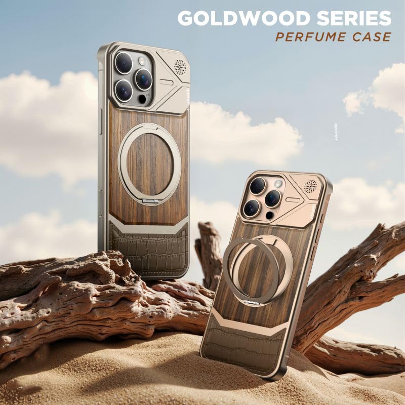 Image of Bezel-Less Slim Natural Wood & Aluminum Case Compatible with iPhone 16 Pro with Magnetic Ring |Heavy Duty Shockproof Phone Wooden Case - Silver