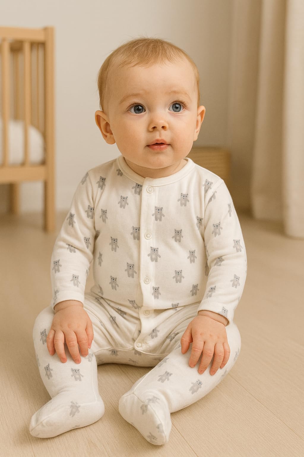 TuddyBuddy 100% Cotton Footed Romper Sleepsuit for Baby (0 Months-3 Months, Pack of 2 - White Stripes & White Teddy) - Image 3 thumbnail