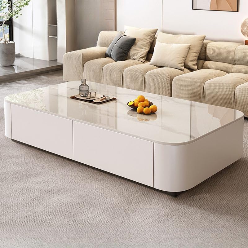 Rectangular Stone Top Coffee Table with Storage Drawers, Modern Rectangular Living Room Accent Center Table with Storage (White-Beige, 47.2" L x 23.6" W x 14" H)