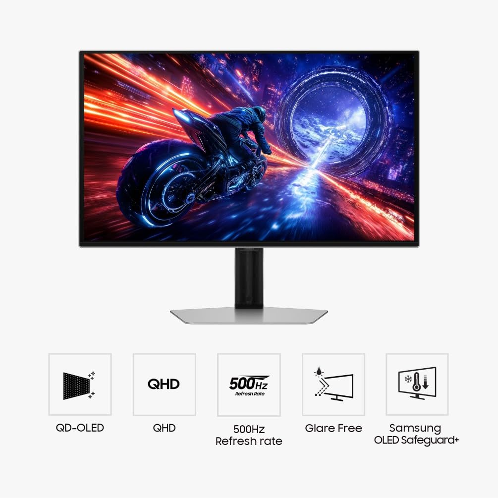 Samsung Monitor Gaming Odyssey OLED G60SF (S27FG602SU), Flat, 27'', 2560x1440 (QHD), 16:9, QD-OLED Glare Free, 500Hz, 0,03ms (GtG), Compatibilità G-Sync, HDMI, DP, Ingresso Audio, HAS, Pivot