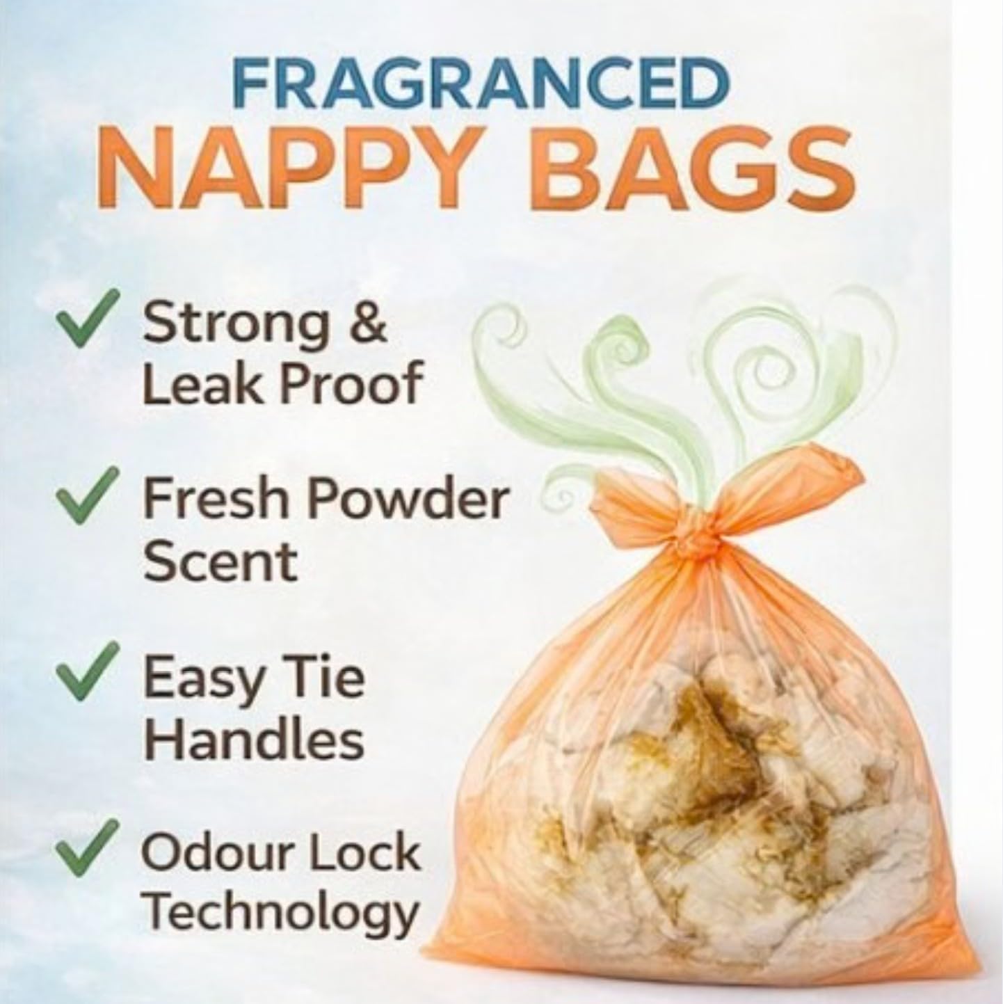 Fragranced Nappy Disposable Bags 2 x 150 pcs with Tie Handle | Antibacterial Nappy Sacks | Leakproof Bags | Essentials for Newborn and Young Babies | Travel or Home Use — view 2