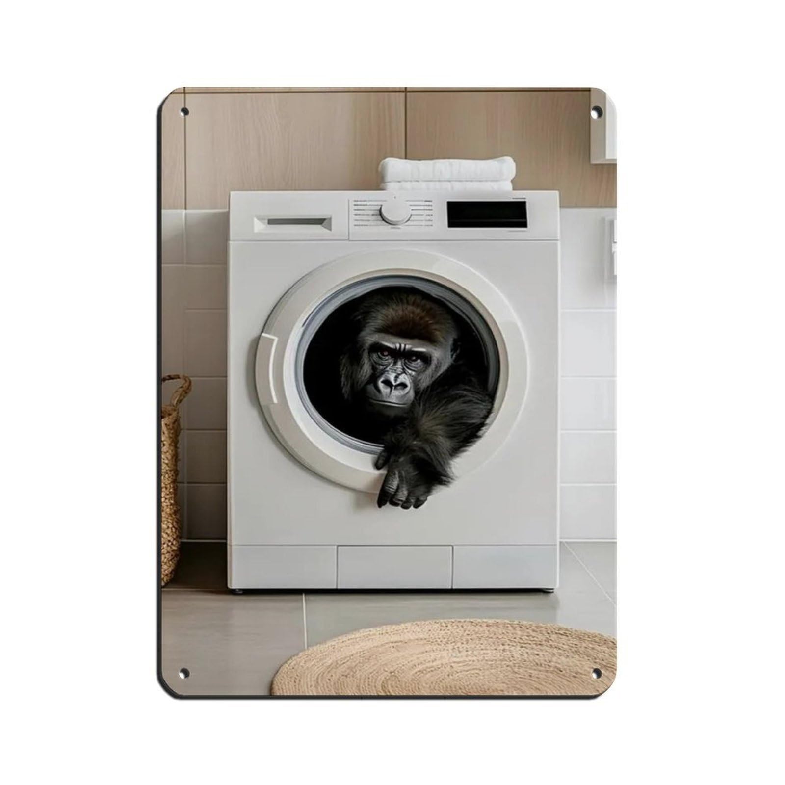 Gorilla in A Washing Machine, Funny Bathroom Art Tin Sign Vintage Metal Pub Club Cafe Bar Home Wall Art Decoration Poster Retro 12x16inch(30x40cm)