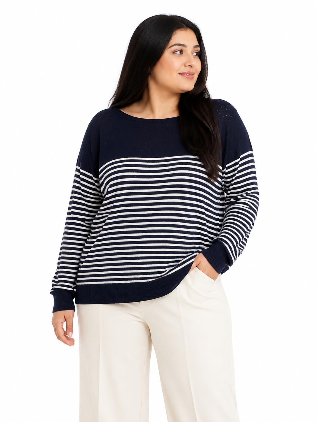 Women's Navy Blue & White Striped Knit Pullover Sweater-picture-26