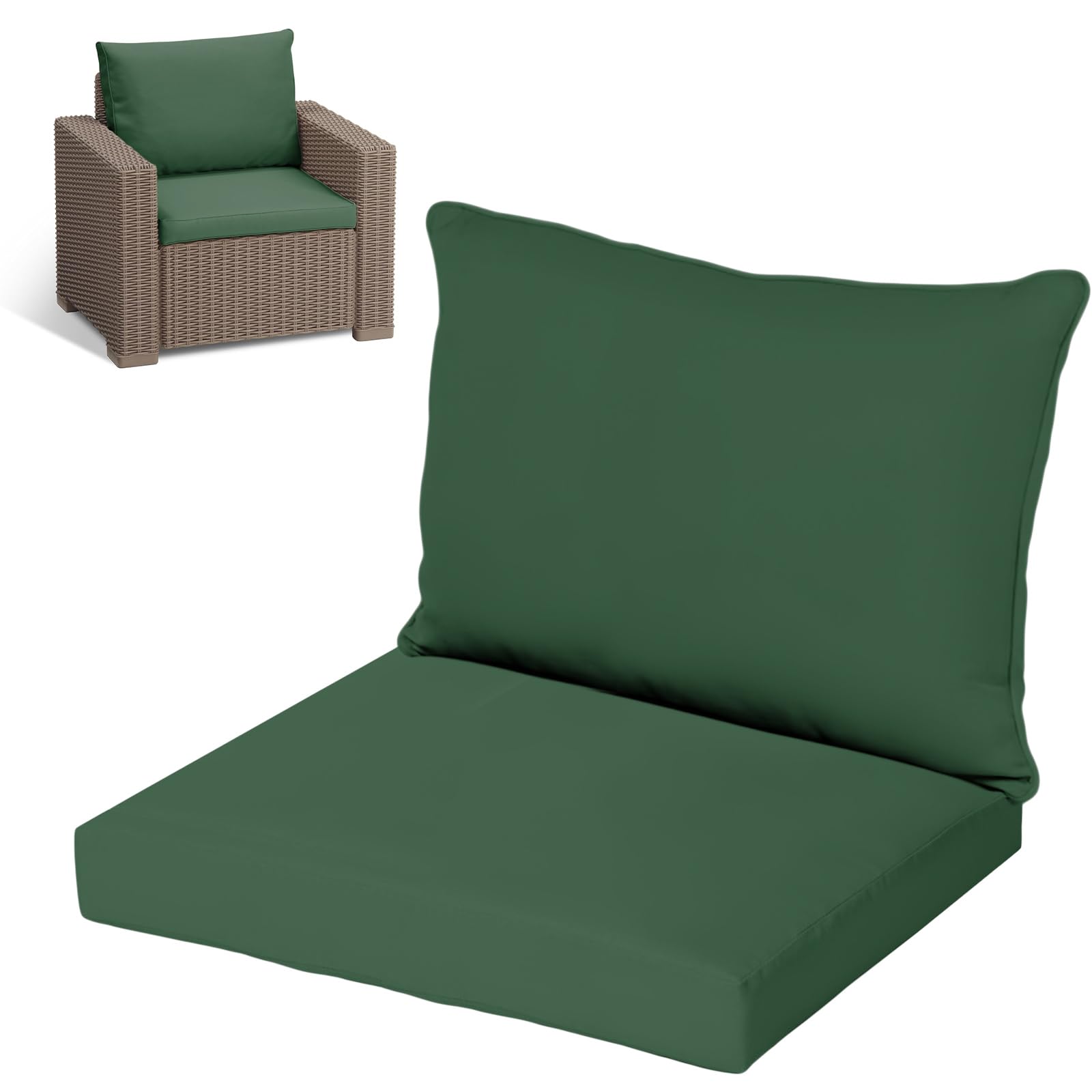 KISAA Living Replacement Rattan Cushion Seat Pads, 2-Piece Armchair Set (1 Seat Pad, 1 Back Cushion), Water Resistant Outdoor Patio Garden Furniture Seating (Green, For Armchair)