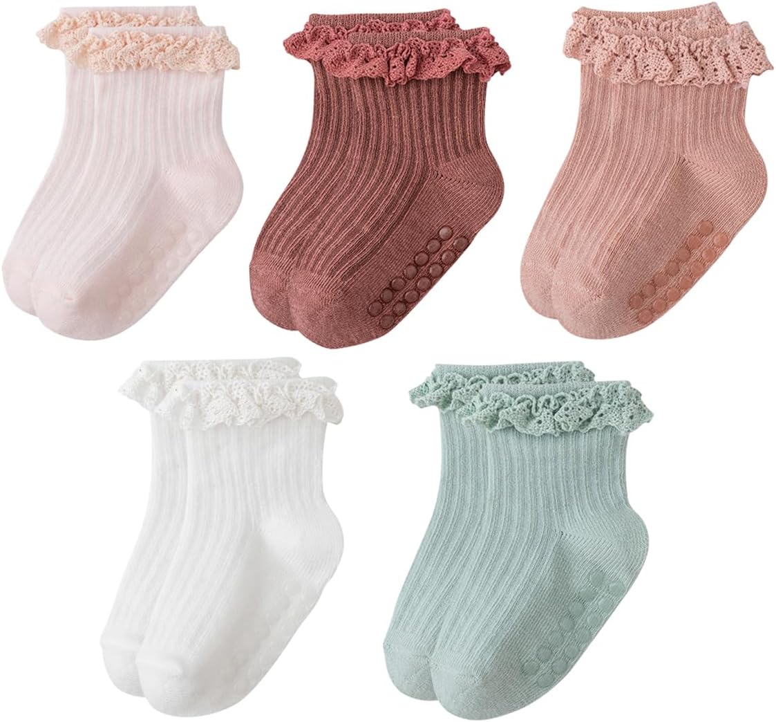 Meeshine Baby Toddler Girls Anti Slip Ruffle Socks with Grips Newborn Infant Cotton Non Skid Frilly Dress Socks, 5 Packs