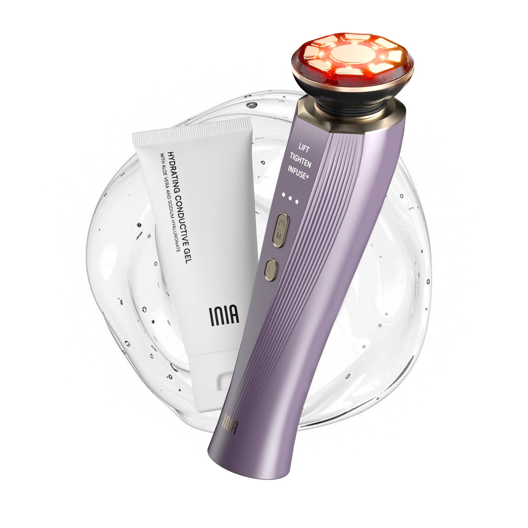 INIA FLARE Professionelles Mikrostrom Gesichtsmassagegerät mit Rotlicht | 3-in-1 für Gesicht & Hals mit Wärmefunktion, hilft Schwellungen und Falten sichtbar zu reduzieren