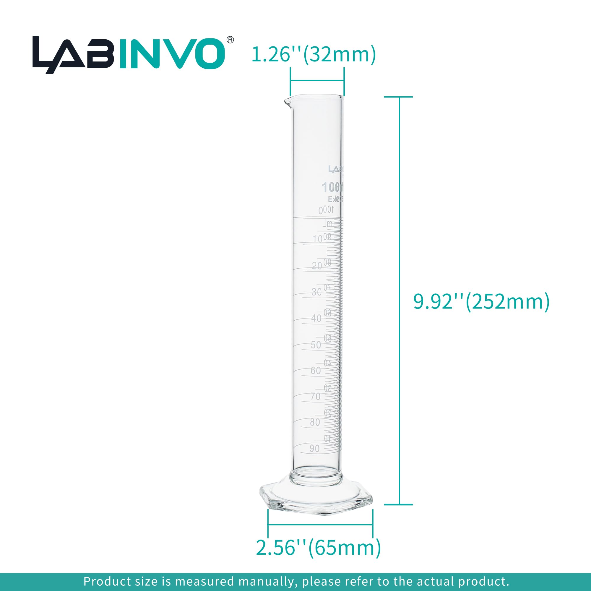 IN-MCG100 - Cilindro graduato, 100 ml, set di 4 cilindri graduati, in vetro borosilicato 3.3, classe B, IN-MCG100