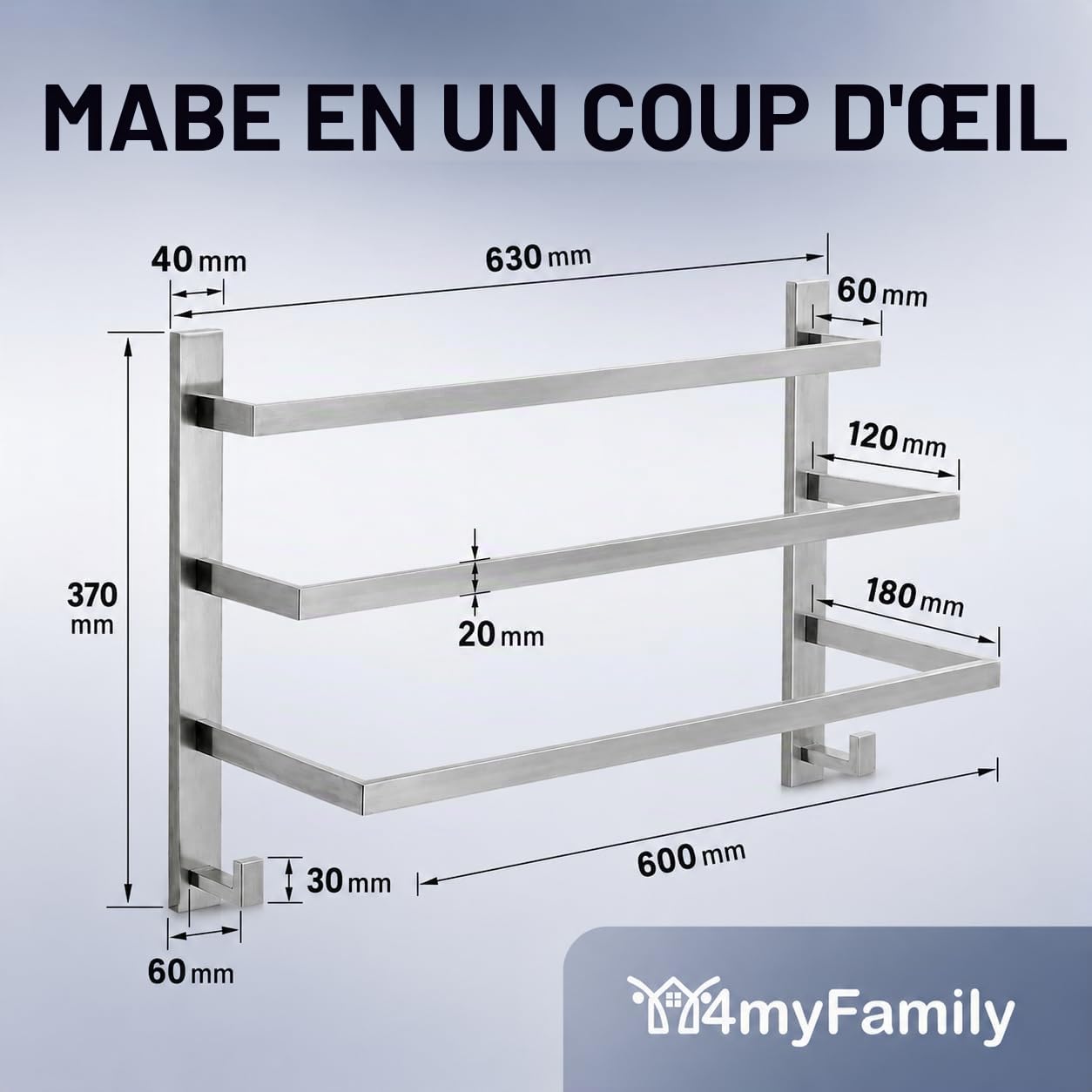 Porte-serviettes mural de qualité supérieure en acier inoxydable 304, porte-serviettes de bain avec beaucoup d'espace pour un séchage rapide, barre porte-serviettes à 3 niveaux de 60 cm