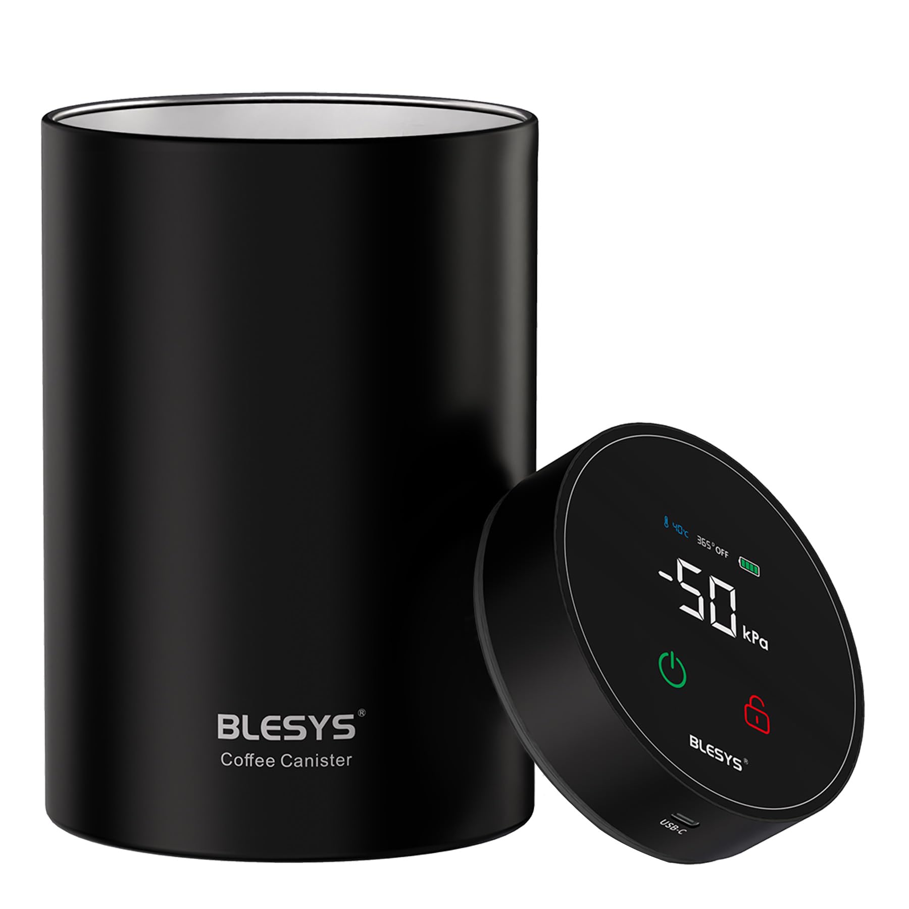 BLESYS Intelligente Vakuum Kaffeebohnenbehälter, automatischer Lebensmittelbehälter aus Edelstahl, LCD Überwachung, Frische auf Knopfdruck, Datumsanzeige, fasst 20 Unzen Kaffeebohnen(Schwarz 1,8l)