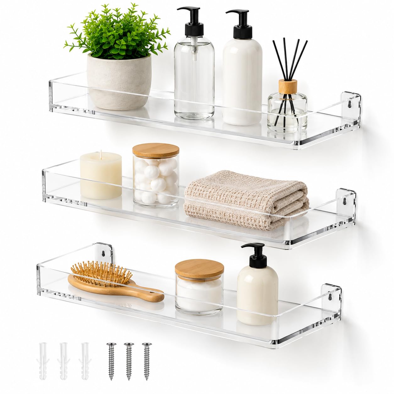 MaxGear Acrylic Floating Shelves, Clear Perfume Shelf for Wall, Set of 3