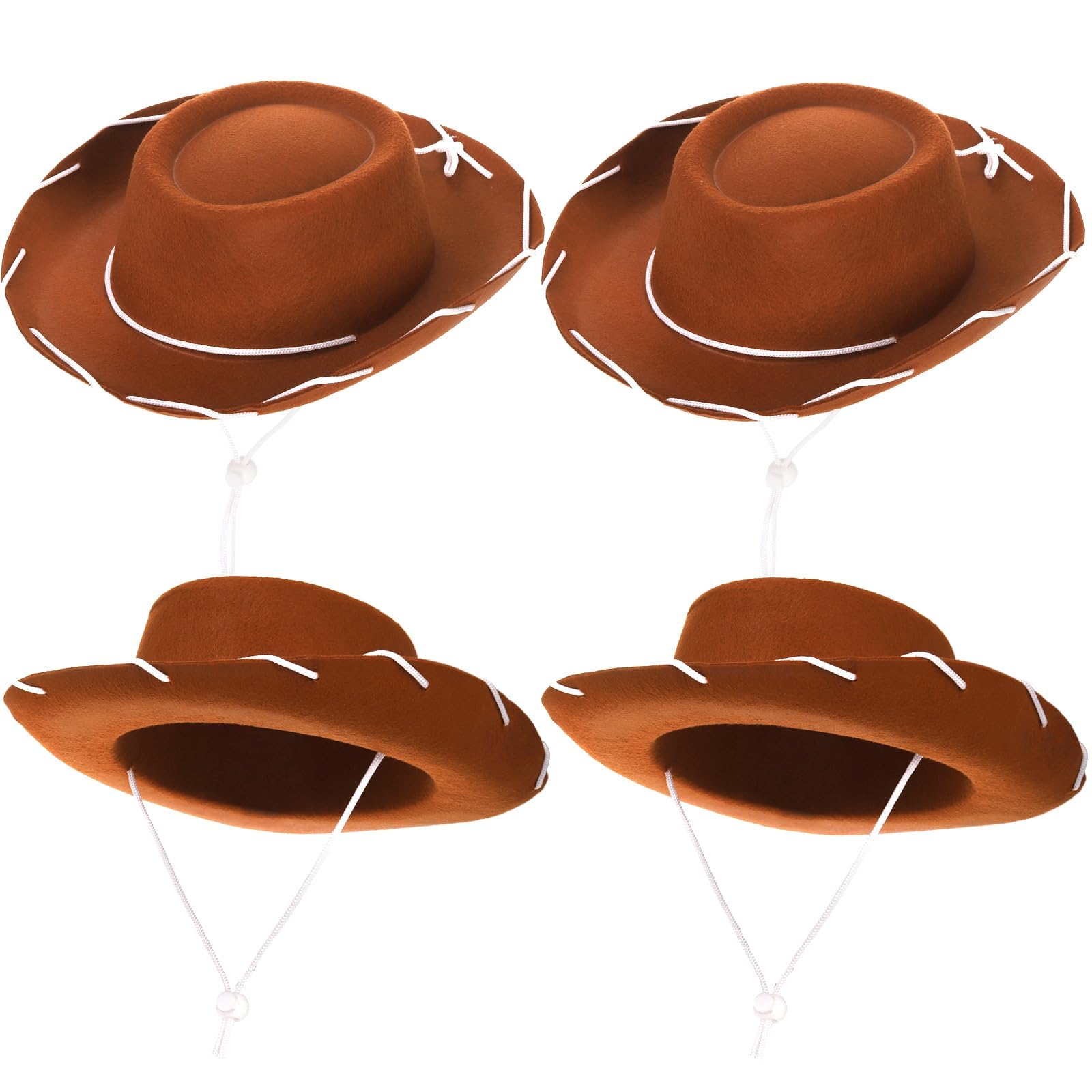 Peohud 4 Pack Cowboy Hat, Western Unisex Hats, Brown Wide Brim Felt Cowboy Hat with Neck Drawstring, Woody Costume for Party