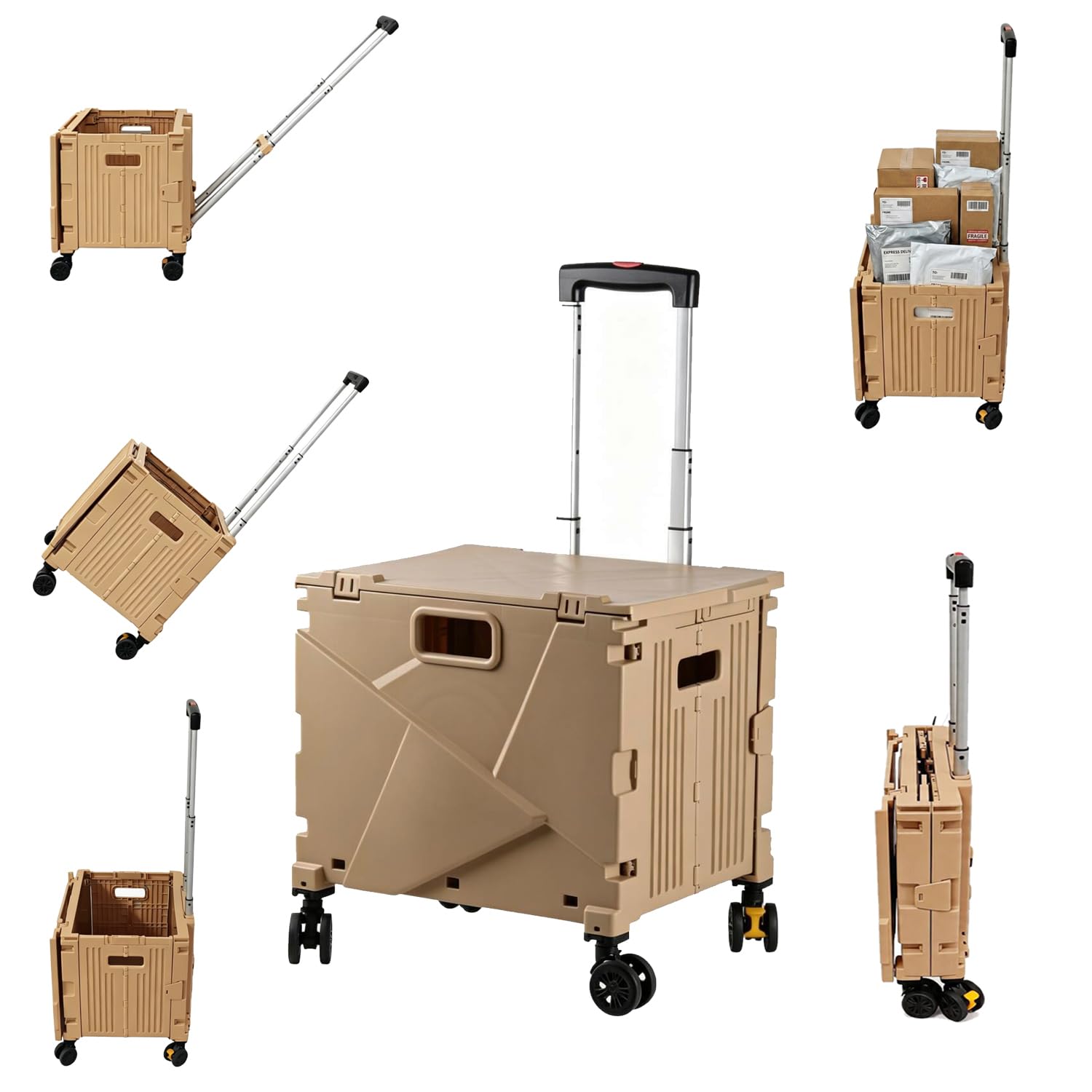 Einkaufstrolley, Klapptrolley mit Rollen & Teleskopgriff, bis 80 kg, 63 L Kiste,Faltbare Einkaufshilfe, Rolltrolley,Einkaufskorb mit Deckel, Braun,für den Wocheneinkauf, zum Camping