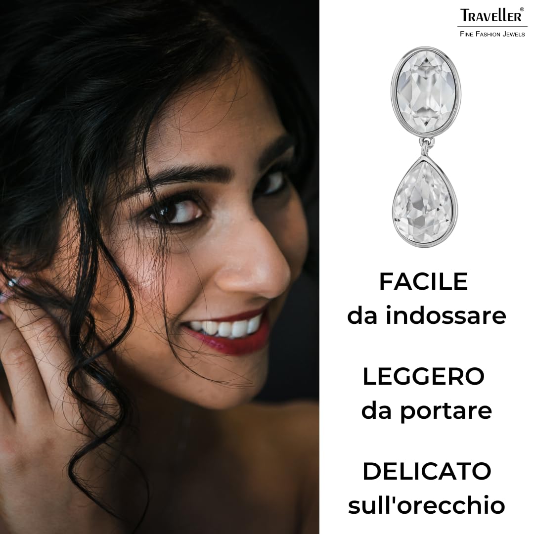 Traveller Orecchini a clip – da donna – color argento – cristalli – ovali e gocce – platinati – 35 x 12 mm – 157831