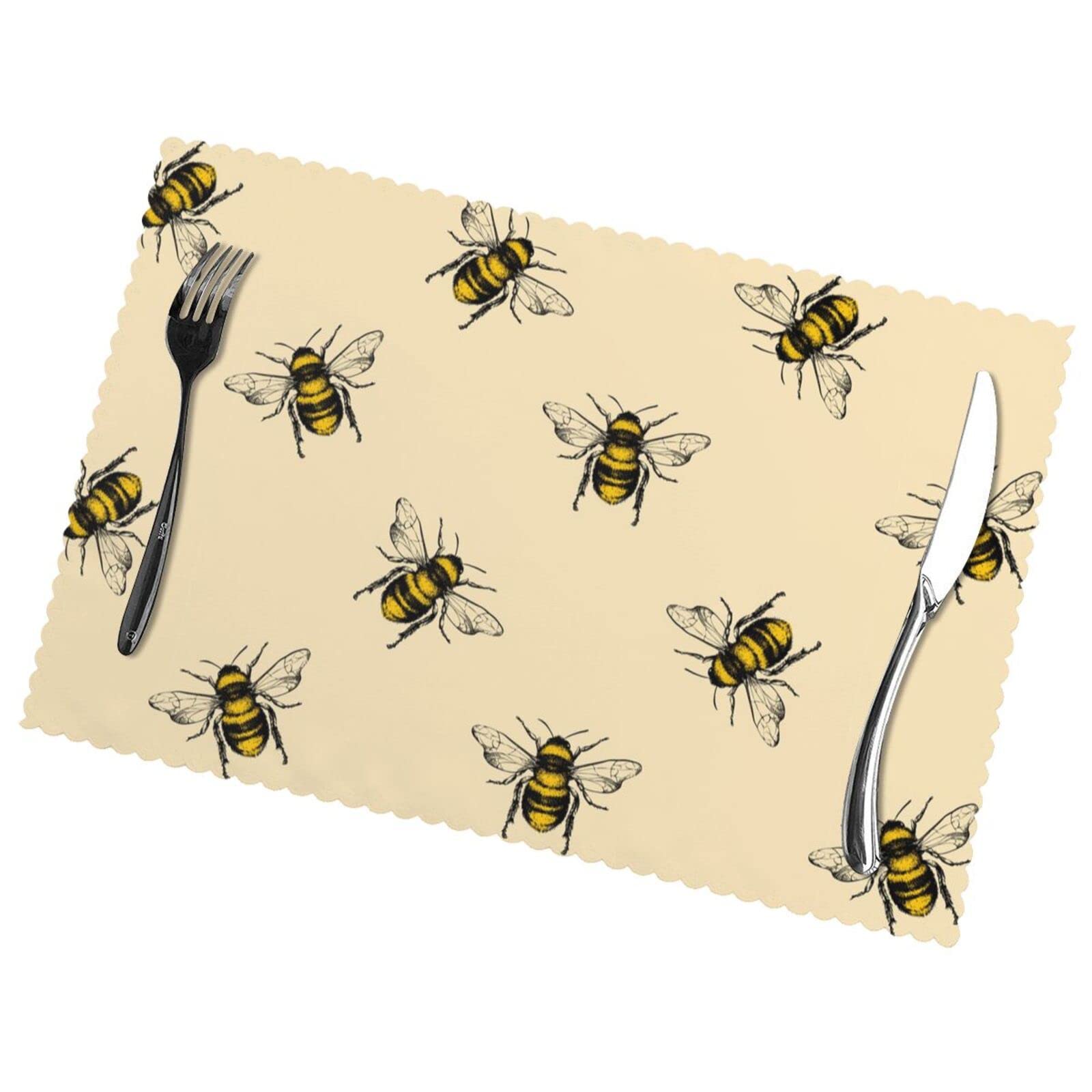 Aroons Honey Bee Placemats Set Of 6 Home Dining Gifts Non-Slip Table Mats Heat Resistant Table Placemats 45X30 Cm