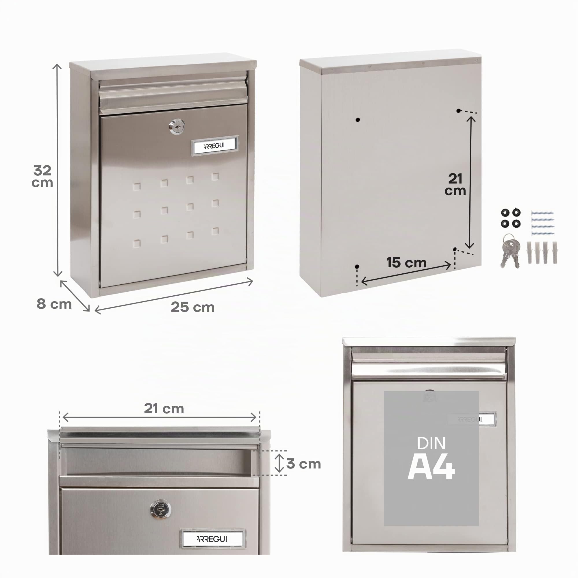 ARREGUI Dime V1327 Cassetta Postale Individuale in Acciaio Inossidabile, Cassetta della Posta da Parete, Cassetta Postale Componibile, Fondo Stretto, Dimensione M (DIN A4 e Riviste), Inox