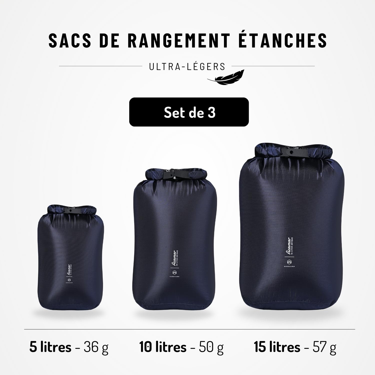 NORDKAMM Sac étanche, Dry Bag Set 5l, 10l, 15l, Impermeable, Ultra Light, Bleu