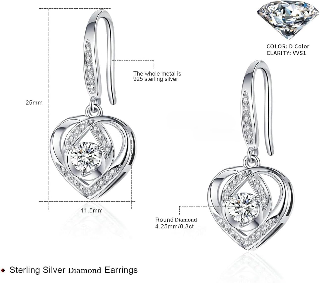 S925 Sterling Silver 1ct.tw Diamond Drop Earrings for Women, Heart Shape Hook Earring,Elegant Gift for Girlfriend on Valentine's Day