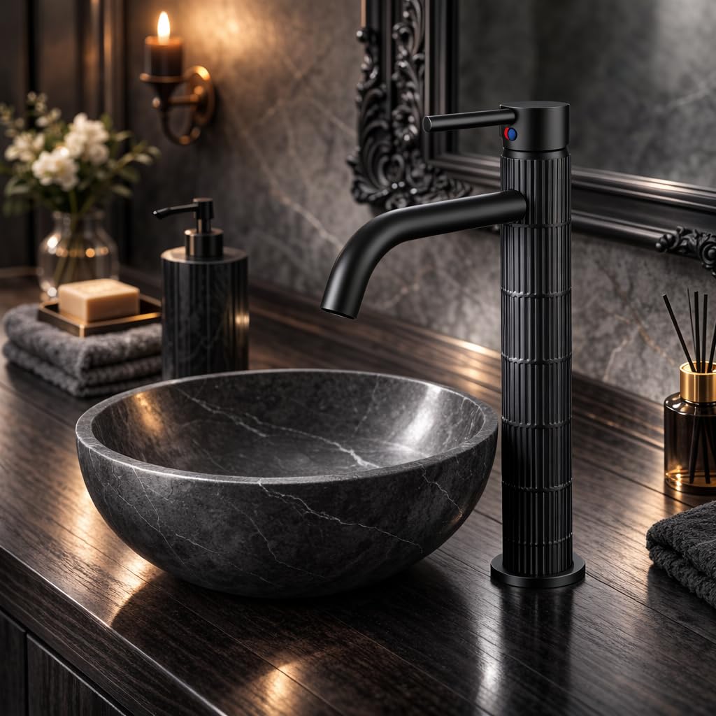 Grifo de lavabo alto monomando con cuerpo de latón, mezclador para lavabo sobre encimera, acabado negro mate, cartucho cerámico duradero (Negro mate, Alto) - 3