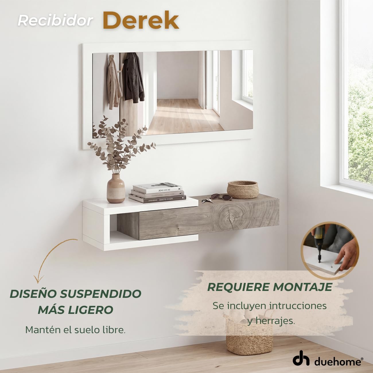 duehome | Recibidor con Cajon y Espejo, Mueble de Entrada, Modelo Derek, Acabado en Blanco Artik y Roble Alaska, Medidas: 95 cm (Ancho) x 19 cm (Alto) x 25,2 cm (Fondo)