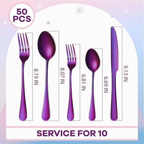 Miniatura 4 de Juego de cubiertos morados de 50 piezas para 10 cubiertos de acero inoxidable, juego de cubiertos de metal, incluye cuchillos, tenedores, cucharas