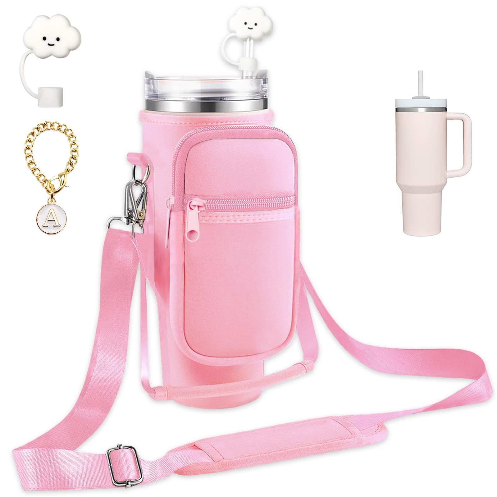 Water Bottle Holder with Strap and Pouch for Stanley Cup 40 oz Tumbler with Handle & Simple Modern 40oz Tumbler, Water Bottle Carrier Bag with Straw Cover and Letter Charm for Stanley Cup (Pink)