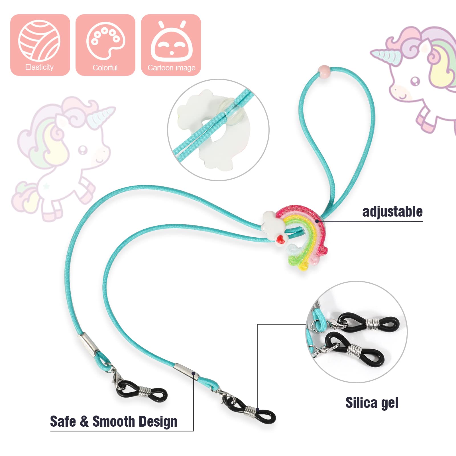 Hifot Correa Gafas para Niños 10 Piezas, Unicornio Gancho de Máscara Ajustable, Dibujos Animados Retenedor Cadenas Cordones para Gafas