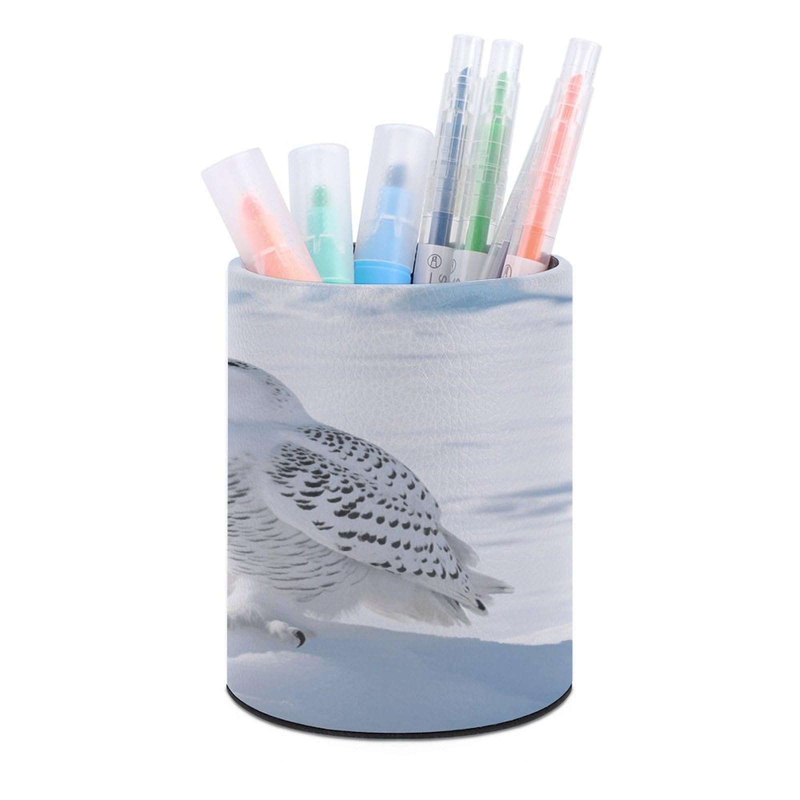 VstaDank White Owl Pen Holder Round Pencil Holder for Desk Organizer PU Leather Pencil Cup Makeup Brush Holders Modern Pen Cup Large Pen Organizer for Office Home Ideal Gift