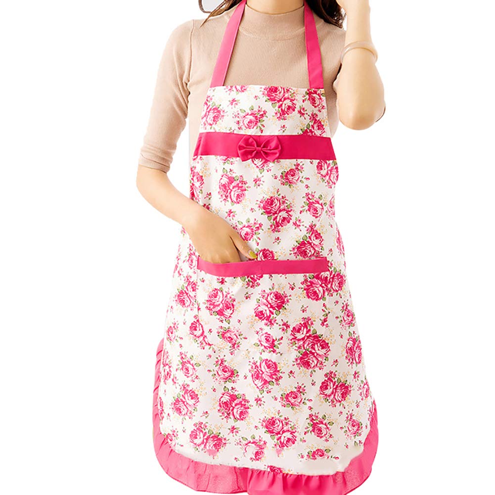 Women Floral Bowknot Waterproof Kitchen Restaurant Cooking Pocket Dress Apron