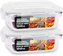 KIT 2 Potes de Vidro Retangular com Tampa Hermética 1040ml Cor: Transparente
