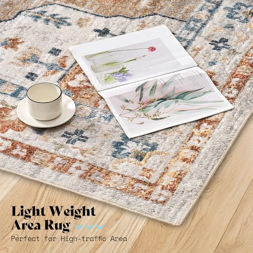 Image of AMERLIFE 5'x8' Wilton Collection Area Rug, Durable Low Pile Non-Slip Washable Rug for High Traffic Areas, Vintage Diamond Medallion Rug for Living Room, Bedroom, Dining Room, Yellow /Blue