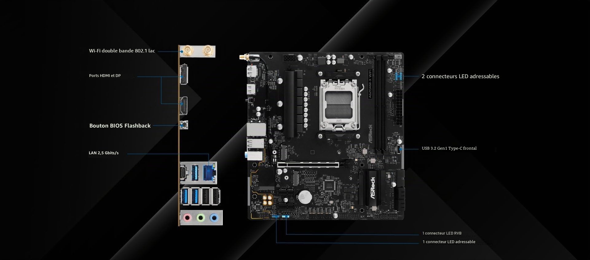 ASRock A620AM-X WiFi AMD Socket AM5 Motherboard, 2 x DDR5 DIMM Slots, 1 x M.2 Socket [Key E], 2 x USB 3.2 Type-C, 2.5G LAN, 802.11ac Wi-FI Module, 1 x HDMI Port/ 1 x Display Port