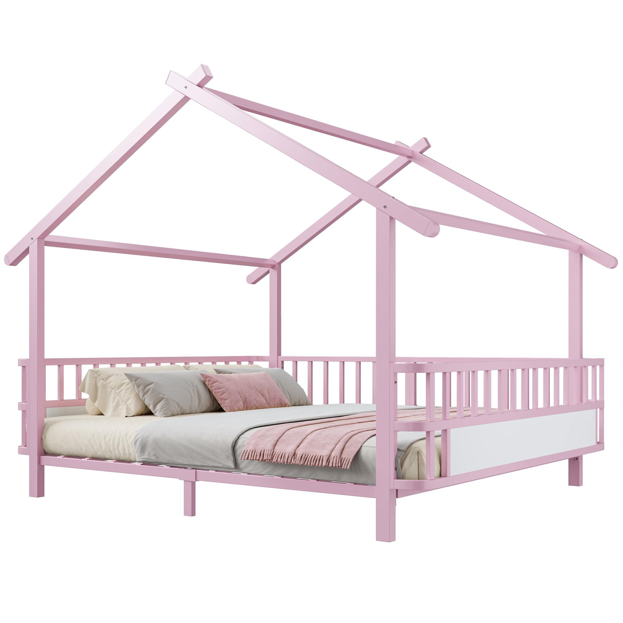 Lettino per bambini a forma di casetta, in metallo, 140 x 200 cm, con griglia di sicurezza, design a tetto, rosa, per ragazzi e ragazze