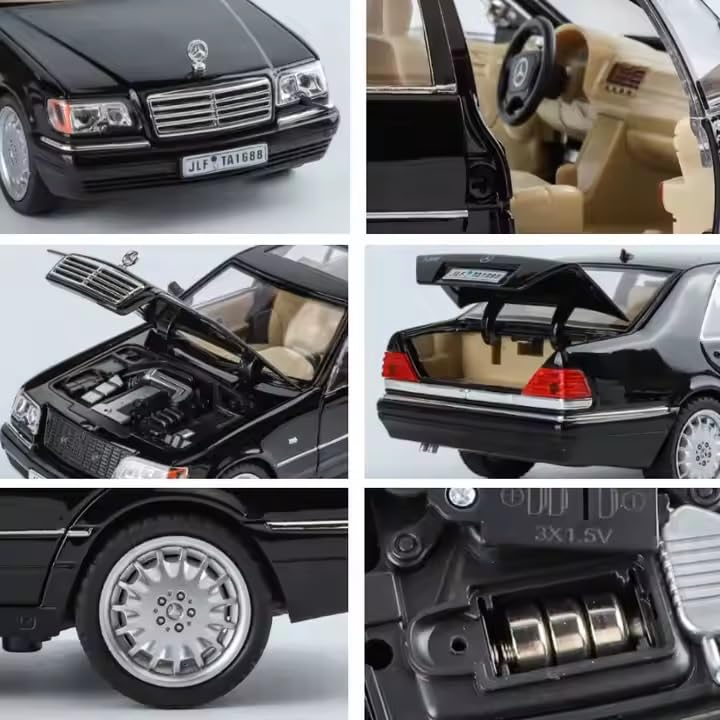 Image of 1:24 Scale Mercedes Benz W140 320SEL Toy Car | Metal Pullback Diecast Car for Kids with Openable Doors, Sound, Light Effects Toy for Car Enthusiasts (Color As Per Available),black