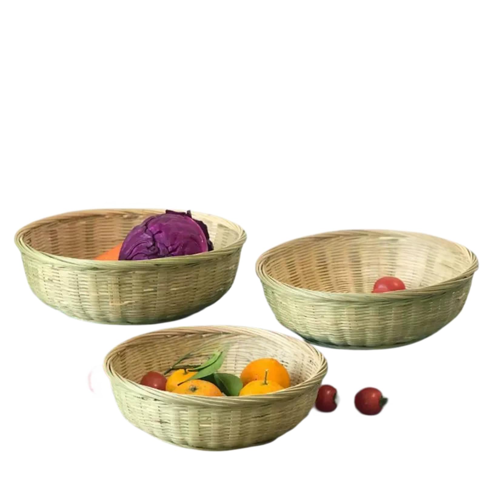 Natural Handwoven Bamboo Basket, Round Shallow Fruit Vegetable Storage Tray, Woven Bread Serving Basket for Kitchen Counter