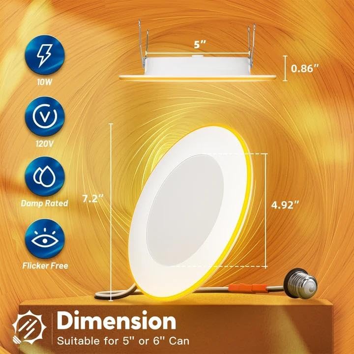 FREELICHT 6 Pack 5/6 Inch 5CCT LED Recessed Can Light with Night Light, 2700K/3000K/4000K/5000K/6000K Selectable Flat Recessed Lighting, 10W=110W, 1000LM, Dimmable Retrofit - ETL & FCC - Image 7