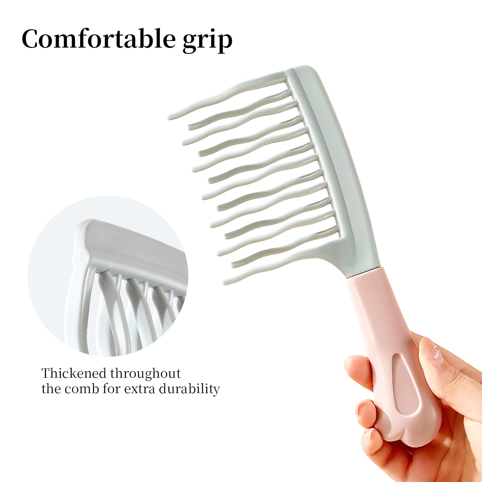 Peine de dientes anchos para cabello rizado y desenredante con diseño de dientes ondulados de doble capa y mango ergonómico para cabello largo, grueso y seco, húmedo para mujeres/niñas sin alisar el